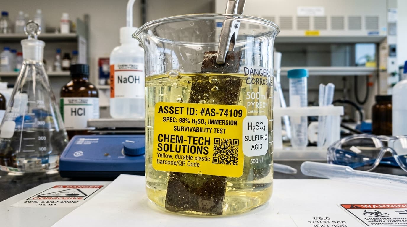 Laboratory chemical immersion and rub test setup for Sulfuric Acid (30% & 10% H2SO4)