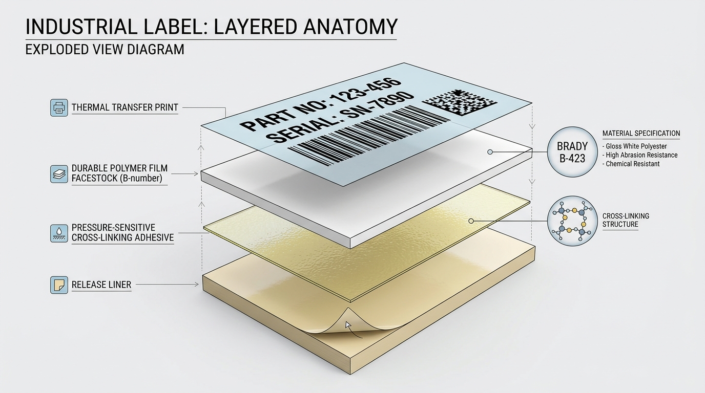 Exploded Anatomy of an Industrial Label showing Release Liner, Pressure Sensitive Adhesive, B-Number Facestock, and Thermal Transfer Print