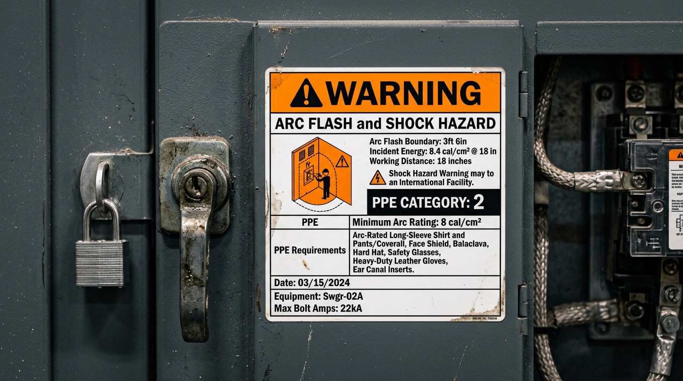ANSI Z535 formatted arc flash warning label with incident energy, arc flash boundary, and shock protection data on industrial switchgear